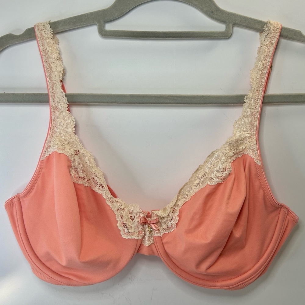SOMA Embraceable Unlined Lace Trim Coral Orange & Cream Adjustable Strap Bra 36C